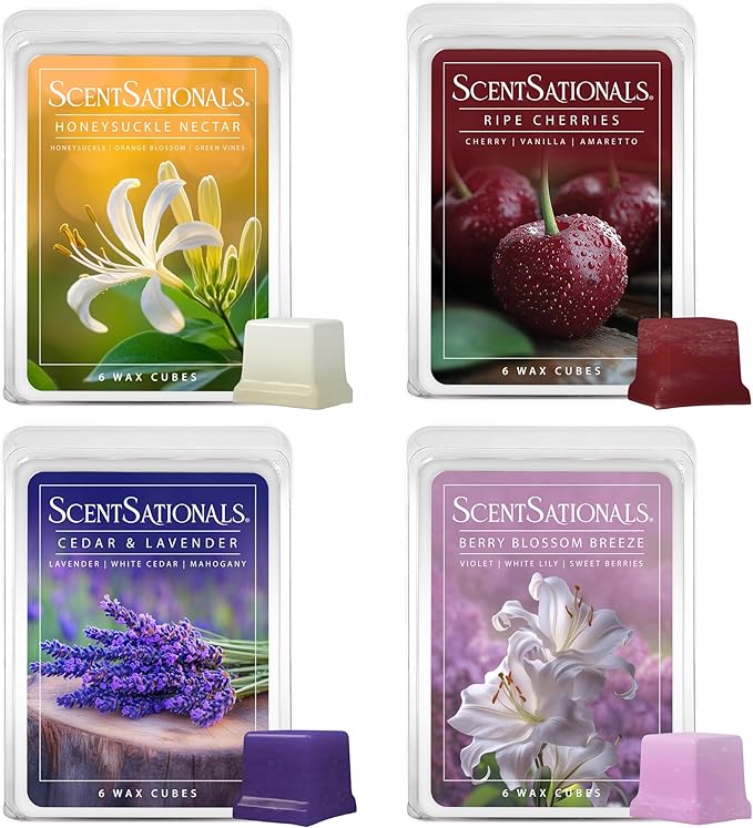 ScentSationals Wax Melts Down to Earth 4pk – Long Lasting Wax Cubes with Strong Scent for Warmers, Includes Cedar & Lavender, Honeysuckle Nectar, Berry Blossom Breeze & Ripe Cherries – 10oz (24-Cubes)