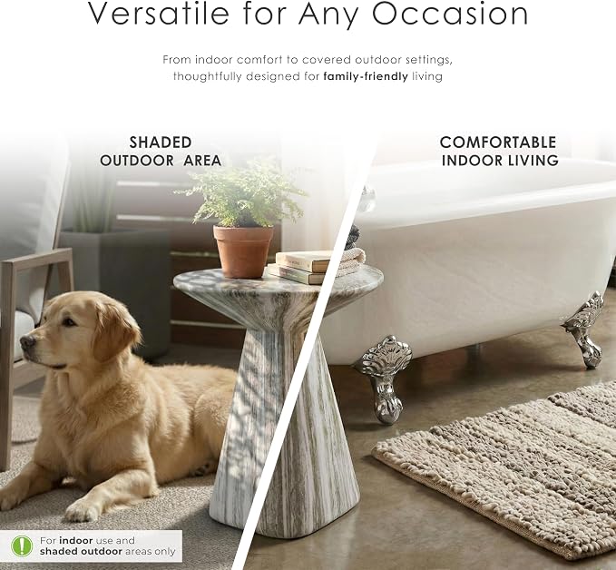 24/7 Shop at Home Ranera Modern 18-inch Natural Stone Side Table with Angular Pedestal Base, Marble Nightstand, Geometric Patio End Table, for Living Room, Covered Outdoor Spaces, Gray Travertine