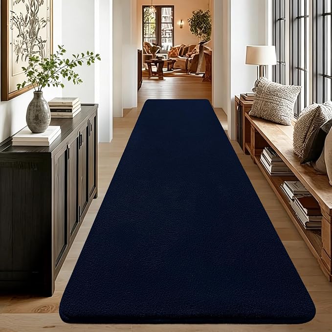 qulint Modern Carpet Runners for Hallway 8ft, Navy Blue Non Slip Kitchen Runner Rugs 2x8 Soft Thickened Memory-Foam Indoor Washable Rug, Minimalist Solid Carpet for Bedroom Living Room Home Decor