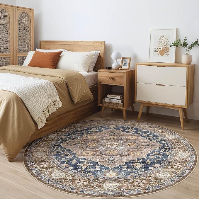 Round Rug Living Room Rugs: 8x8 Washable Boho Neutral Large Circle Soft Indoor Floral Stain Resistant Floor Farmhouse Carpet for Bedroom Nursery Kids Playroom Office Dining Room Dorm- Yellow Blue