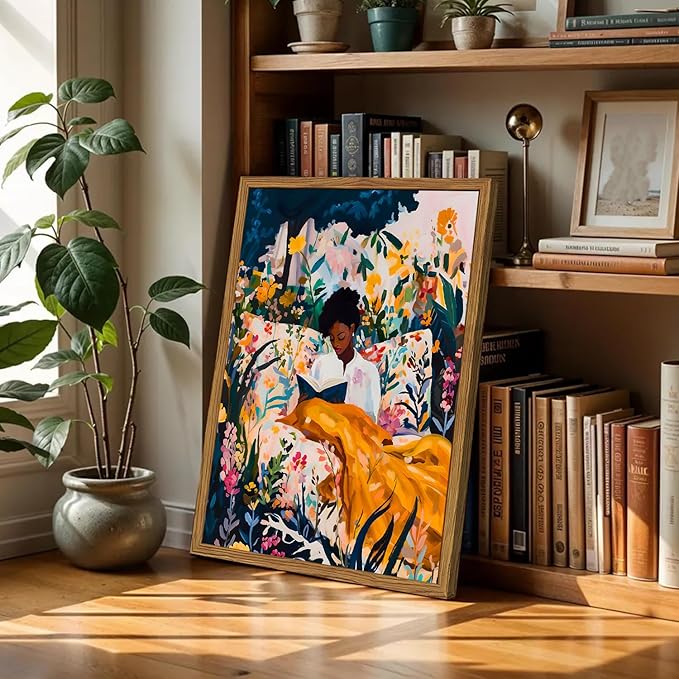 Framed Black Woman Reading Wall Art, Boho Black Girl Colorful Floral Paintings Wall Decor, African American Pictures Canvas Prints Aesthetic Home Decor for Living Room Bedroom Dorm 16x24 inch