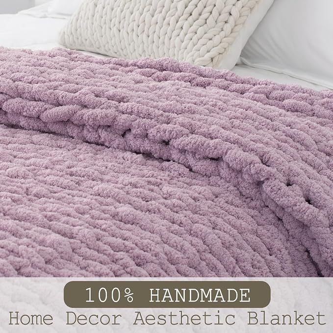 Chunky Knit Throw Blanket 60x80, 100% Handmade Chenille Yarn | 6.7lbs Soft Thick Cable Knitted Blankets, Large Rope Knot Crochet Throws for Couch Sofa Bed Machine Washable, Purple