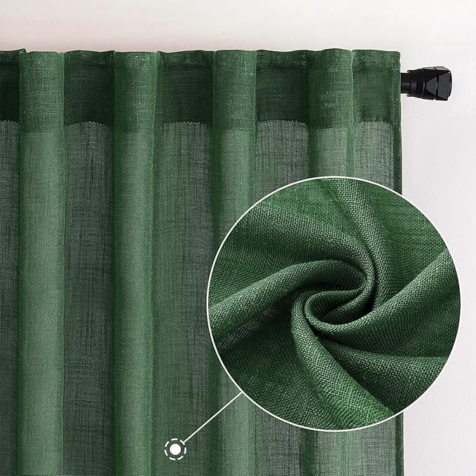 MIULEE Emerald Green Linen Curtains 108 Inches Long for Bedroom Living Room, Soft Thick Linen Textured Window Drapes Semi Sheer Light Filtering Back Tab Rod Pocket Christmas Decor, 2 Panels