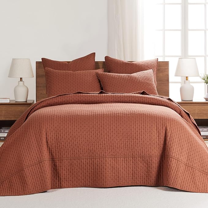 Levtex Home Cross Stitch Reversible Queen Bedspread Set (104x106in) with 2 Pillow Shams (26x20in) - Stitch Texture - Adobe - Cotton Queen Size Bedspread Set - Lightweight, Soft, Pre-Washed
