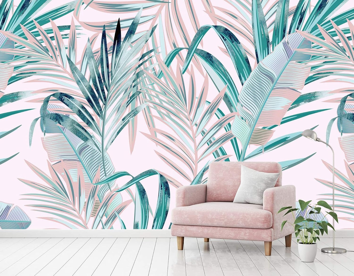 Tropical Pink Palm Leaf Wallpaper Girls Bedroom Colorful Plant Leaves Wall Mural Living Room (Not Peel and Stick)