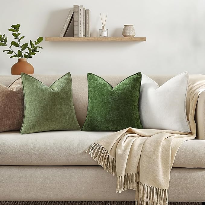 decorUhome Summer Couch Throw Pillow Covers 18x18 Set of 2, Decorative Soft Velvet Modern Cozy Chenille Pillow Cases with Elegant Design for Sofa Bed Living Room Home Decor, Olive Green
