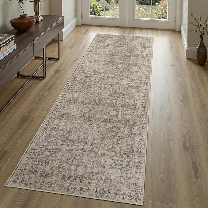 DCX Washable 2x6, Kid & Pet Friendly with Rubber Back Non Slip, Stain Resistant Vintage Runner Rug for Living Room, Bedroom, Home Office, Soft Low Pile Farmhouse Distressed Carpet, Greige