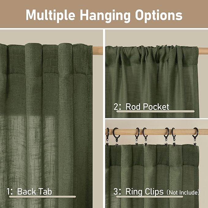 LAMIT Extra Wide Linen Curtains for Bedroom, Olive Green Light Filtering Faux Linen Textured Panels Semi Sheer Back Tab and Rod Pocket Boho Drapes for Living Room, 2 Panels, 60 x 84 Inch