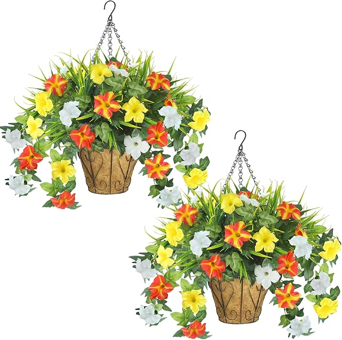 2 Pack Artificial Flowers Hanging Baskets for Outdoors, 10 PCS UV Resistant Faux Outdoor Plants, Fake Petunias Silk Flowers for Garden Balcony Yard Porch Decor (Yellow Orange White)