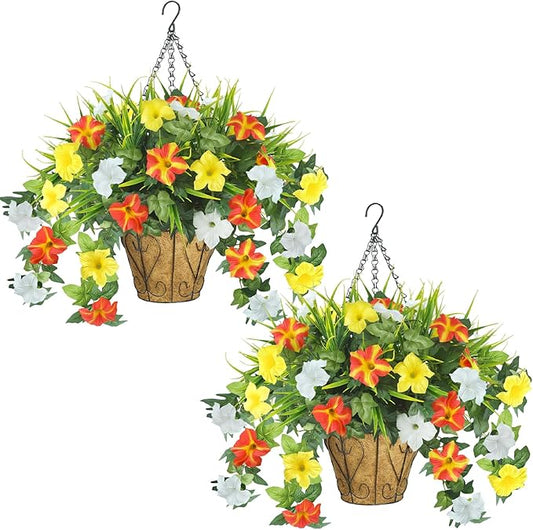 2 Pack Artificial Flowers Hanging Baskets for Outdoors, 10 PCS UV Resistant Faux Outdoor Plants, Fake Petunias Silk Flowers for Garden Balcony Yard Porch Decor (Yellow Orange White)