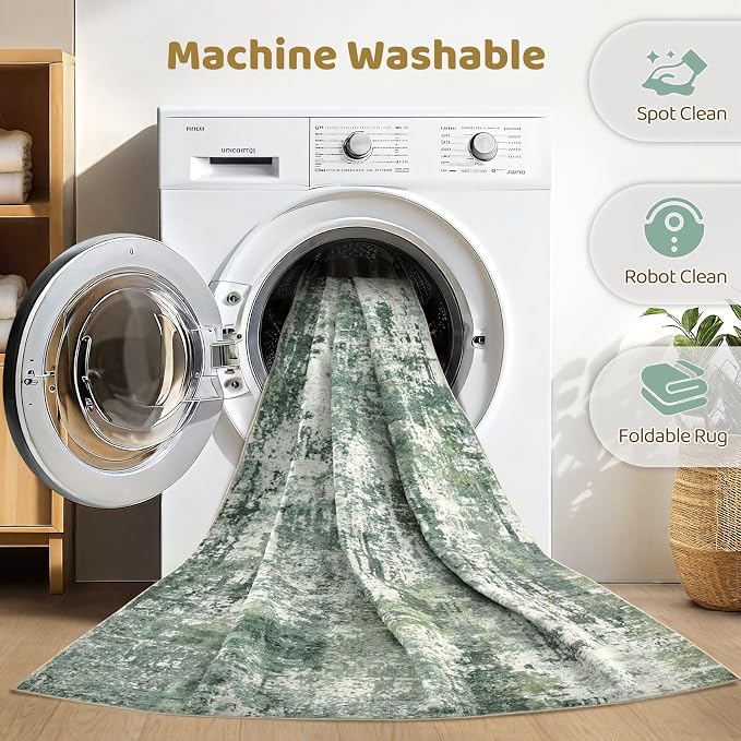 7x9 Area Rug Living Room: Washable Large Abstract Soft Stain Resistant Indoor Floor Rugs Non-Slip Accent Carpet for Bedroom Nursery Playroom Office Dining Room Home House- Dark Green