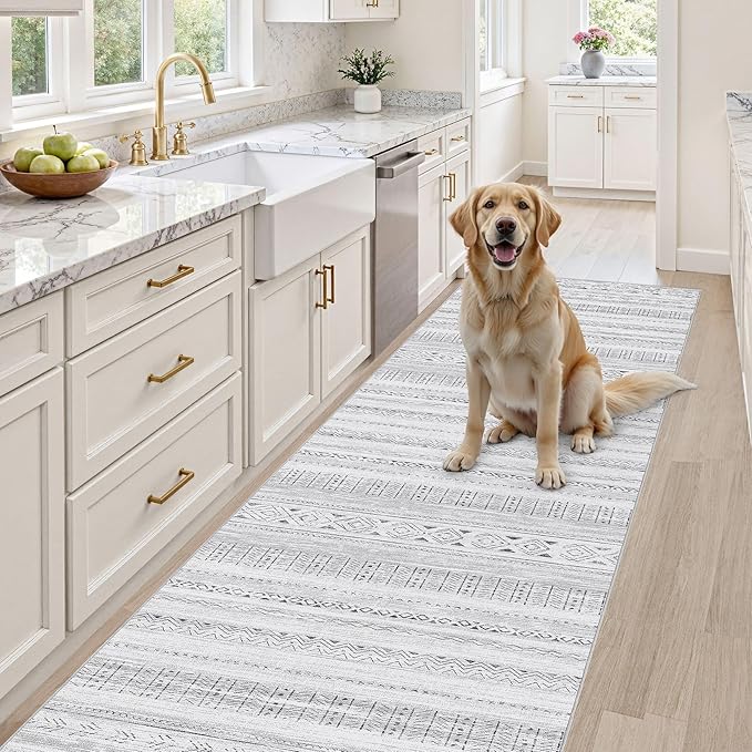 cotiled Hallway 2.6x8 Runner Rugs: Washable Boho Rugs with Non Slip Backing Large Soft Indoor Low Pile Carpet for Living Room Bedroom Farmhouse Dining Room Lightweight Home Decor Dark Grey