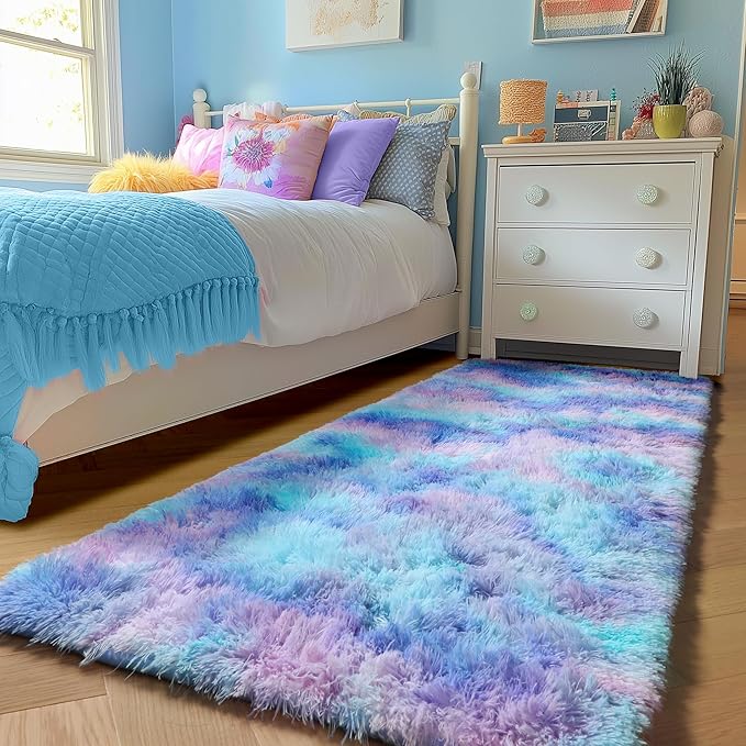 PAGISOFE Adorable Rainbow Runner Rugs for Girls Bedroom Hallway Plush Fluffy Purple Rug 2x6 Ft, Soft Carpet for Kids Room, Non-Slip Indoor Mermaid Rugs for Nursery Kids Girls Room Home Decor Sturdy