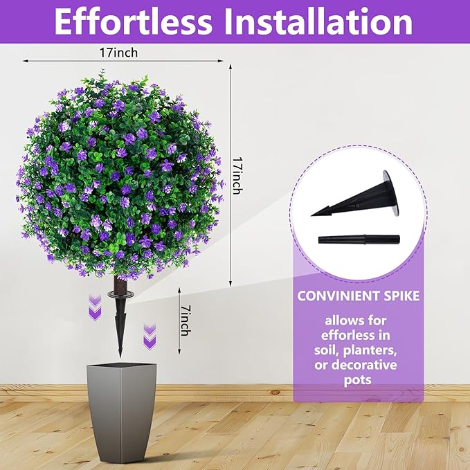 Yangrass Artificial Purple Flower Topiary Ball Trees with Ground Spike, Set of 2 UV Resistant Artificial Shrubs, Fake Evergreen Artificial Plant Bushes for Indoor Outdoor Front Porch Garden