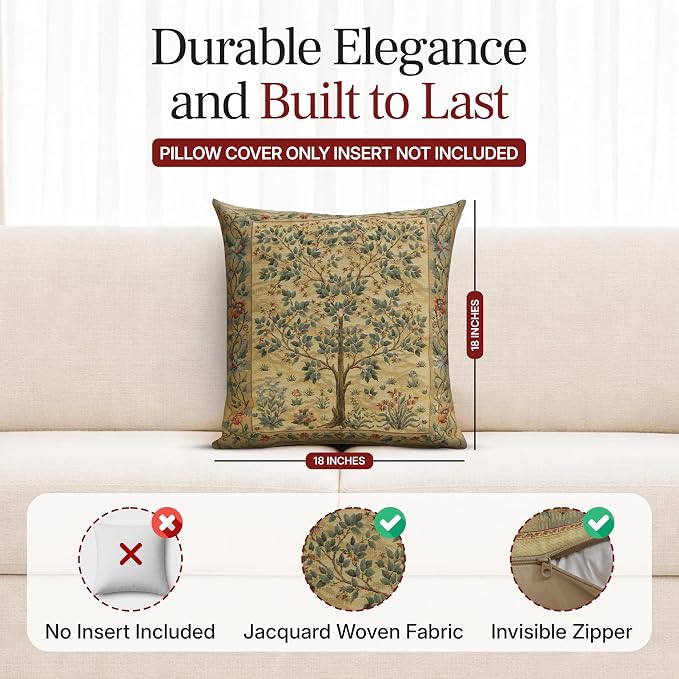 Charlotte Home Furnishings Inc Tapestry Tree of Life Throw Pillow Covers 18x18, European 100% Cotton Jacquard Woven Fabric, Boho & Vintage Inspired Decorative Cushion for Living Room and Sofa