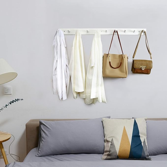 WEBI Coat Rack Wall Mounted,10 Hooks,38" Long Coat Hanger Wall Mount,Peg Rail Hat Hooks for Hanging Caps,Jacket,Clothes,Coats,White