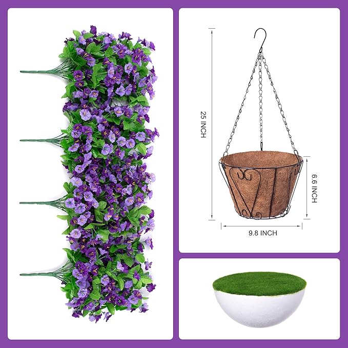 INXUGAO Artificial Flowers with Hanging Basket, Outdoor Faux Plants Silk Morning Glory Vines, Fake Green Arrangement for Garden Patio Spring Summer Decor(4 pcs,Purple)
