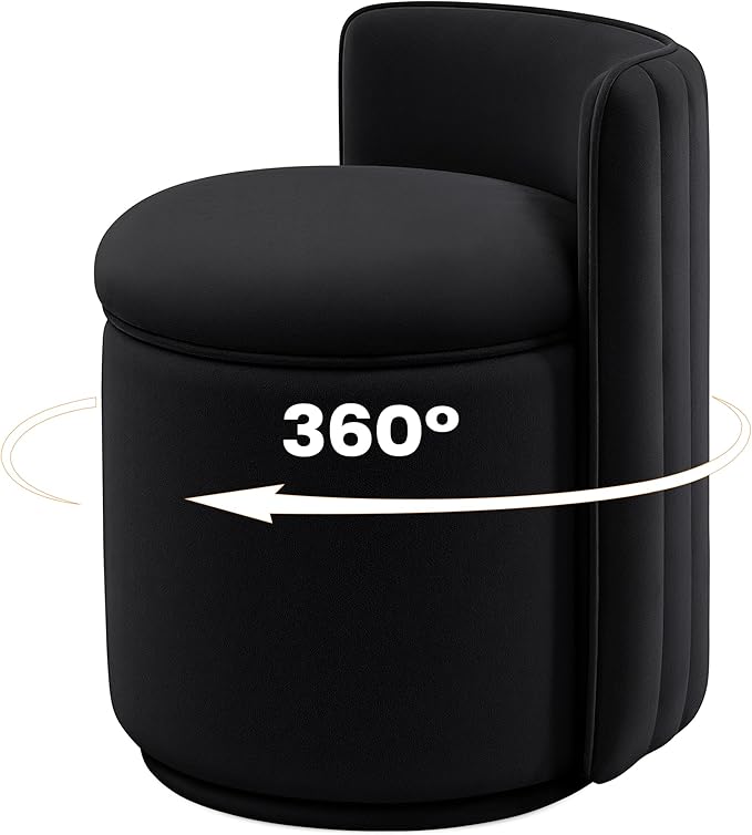 Vanity Chair with Storage, 360° Swivel Velvet Makeup Stool with Wave Backrest, Modern Round Upholstered Closet Stool, No Assembly for Bedroom, Dressing Room & Living Room, Black