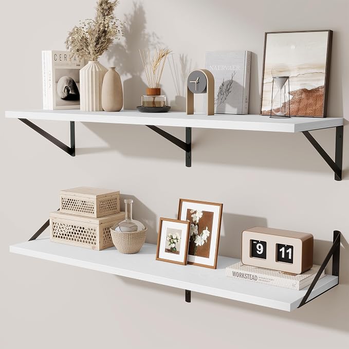 Acovy Floating Shelves for Wall,40" Wall Mounted Shelves Set of 2,Long Wood Floating Shelves,Hanging Wide Display & Storage Shelf with Metal Brackets for Bathroom,Bedroom,Kitchen,Living Room,White