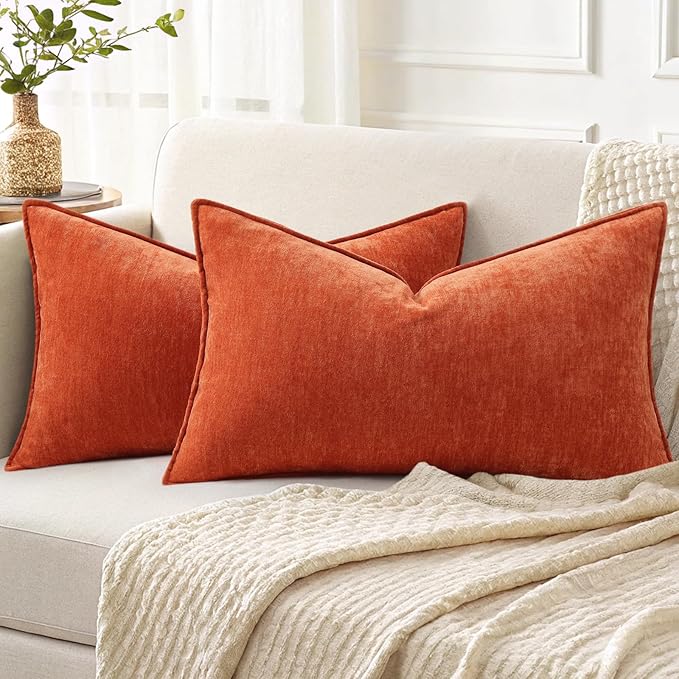 decorUhome Summer Couch Throw Pillow Covers 12x20 Set of 2, Decorative Soft Velvet Modern Cozy Chenille Lumbar Pillow Cases with Elegant Design for Sofa Bed Living Room Home Decor, Rust