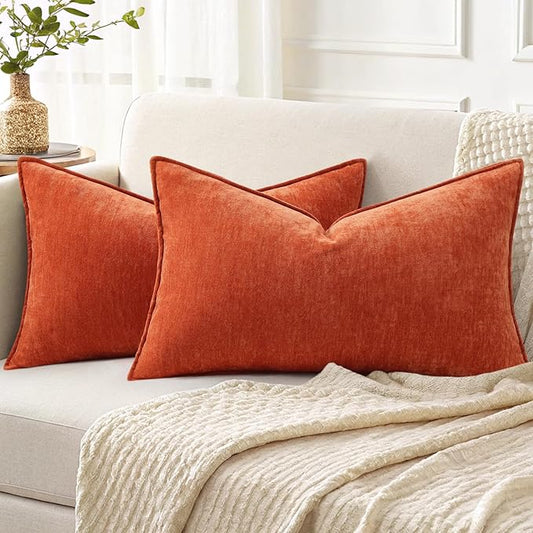 decorUhome Summer Couch Throw Pillow Covers 12x20 Set of 2, Decorative Soft Velvet Modern Cozy Chenille Lumbar Pillow Cases with Elegant Design for Sofa Bed Living Room Home Decor, Rust