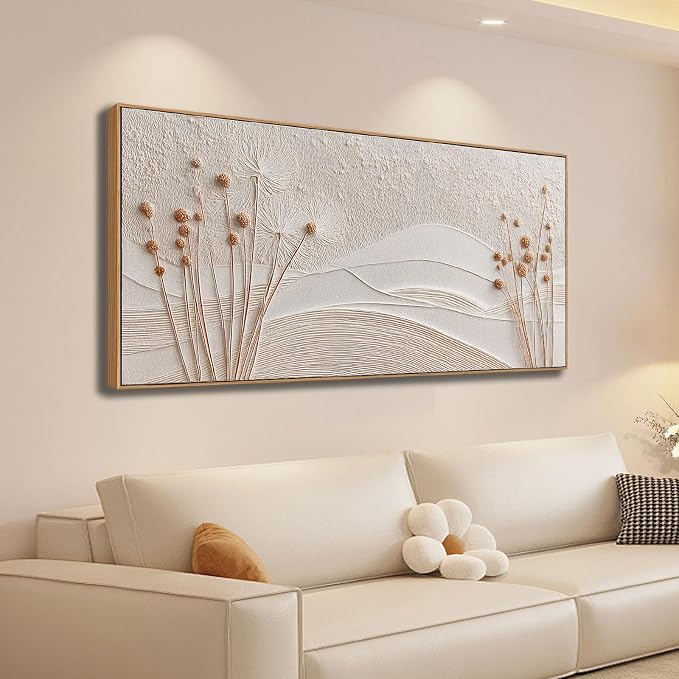 Sorbrozo 3D Texture Dandelion & Mountain Landscape Wall Art 20x40 Inch Framed Canvas Print in Neutral Beige & Gold Ready to Hang Decor for Living Room Bedroom Office