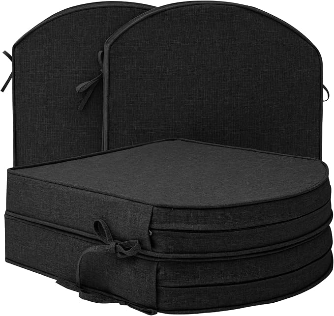 Outdoor Chair Cushions, Fade-Resistant & Water-Resistant, D Shaped Patio Furniture Seat Chair Pads Replacement with Ties, Non-Slip Bottom, Removable Cover, Set of 4, 19 x 19 Inch, Black