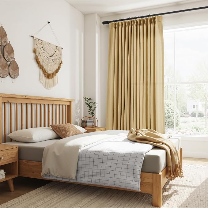 Gold Pinch Pleated Linen Curtains 96 Inch Length 2 Panels Set for Living Room Bedroom Heat Boho Farmhouse Window Privacy Light Filtering Semi Sheer Back Tab Drapes with Hooks for Dining Room 40x96