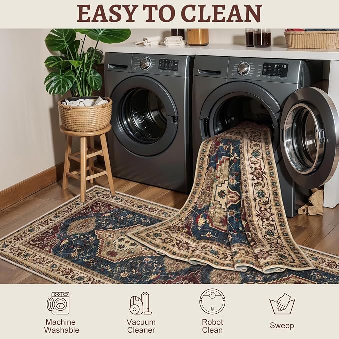 Tangsoo Vintage 5x7 Washable Area Rug, Oriental Indoor Non Slip Machine Washable Large Tumble Rug, Soft Low Pile Foldable Carpet for Dining Room Bedroom Living Room Dark Blue Beige