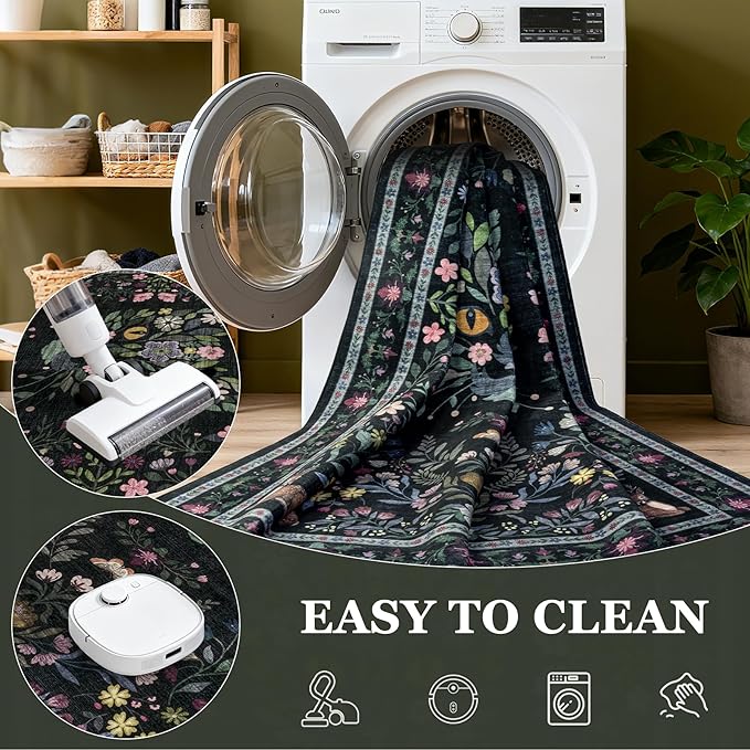 9x12 Area Rugs Living Room Rug: Vintage Washable Rug Floral Soft Carpet Indoor Floor Non-Slip Boho Stain Resistant Large Carpets for Bedroom Kids Nursery Dining Room Farmhouse Home Office Black/C02