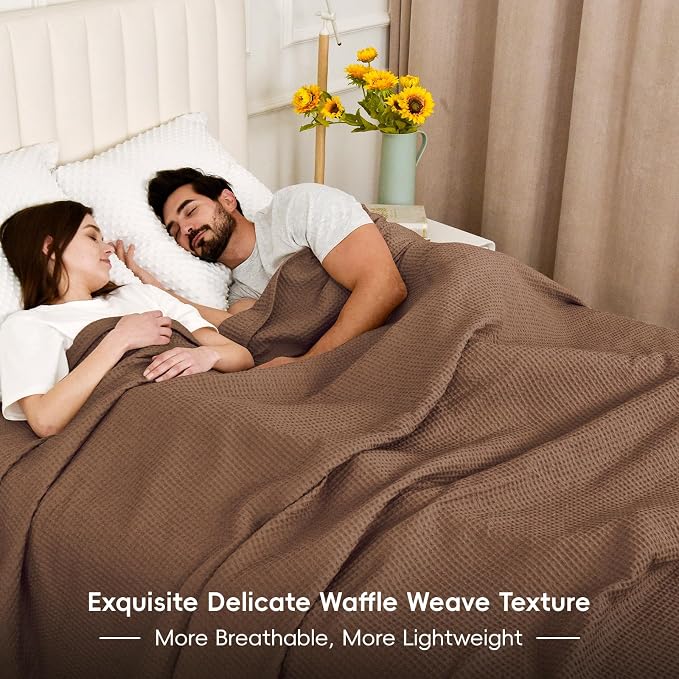 PHF Pre-Washed 100% Cotton Waffle Weave Blanket King Size for Bed,Snag Proof Throw Blanket for Couch Spring Summer Lightweight Breathable,Machine Washable, Home Decor Gift - Cappuccino