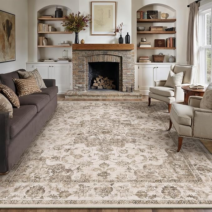 12x15 Neutral Area Rug Brown Vintage Living Room Bedroom Washable Carpet Non-Slip Soft Low Pile Farmhouse Indoor Large Throw Rug for Dining Room Office