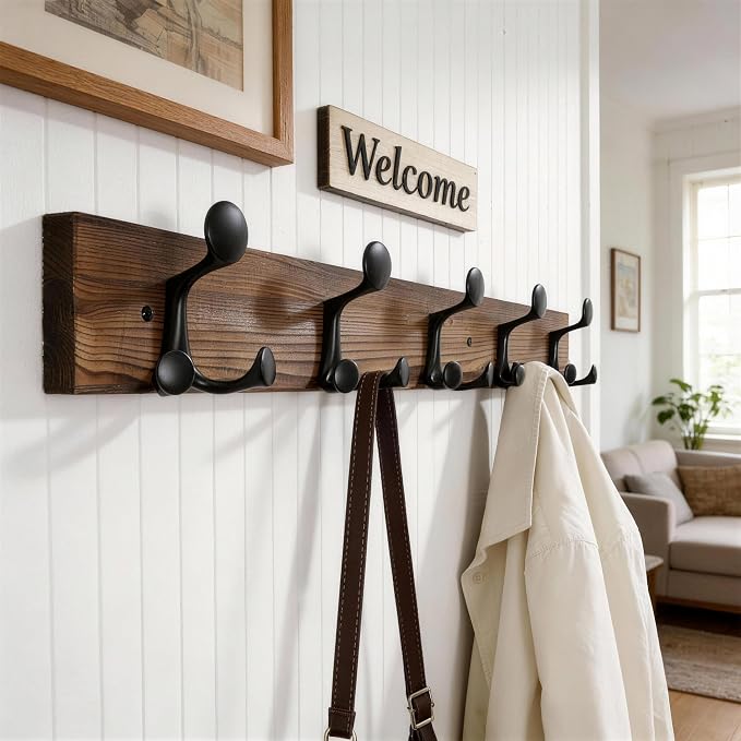 WEBI Coat Rack Wall Mount,30" Solid Wood Coat Hooks Wall Mounted Coat Hanger,16" Hole to Hole,Heavy Duty Hook Rack,5 Triple Hooks for Hanging Coats,Jacket,Hat,Backpack,Farmhouse,Brown