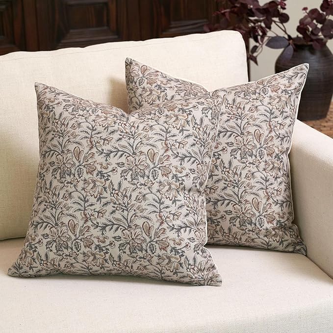 Amor Virisso Floral Throw Pillow Covers 20x20 Set of 2 Vintage Block Print Pillow Covers Decorative Pillow Covers Couch Pillows for Living Room Farmhouse Accent Sofa Pillows, Green/Sand