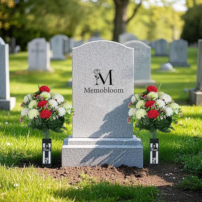 Artificial Cemetery Flowers for Grave: 2 Pcs 18 Heads Fake Mums Flowers with Vase for Cemetery Spring Decorations Outdoor Grave