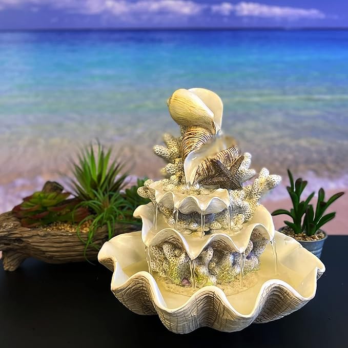 10.5" H Coral Reef Shell Fountain Indoor Fountain with LED Lights and Adjustable Motor Pump (Power Cord Attached) (Resin)