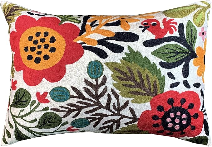 Lumbar Cushion Cover Hand Embroidered Wool 13x21 (Red Floral Lumbar Pillow Cover)