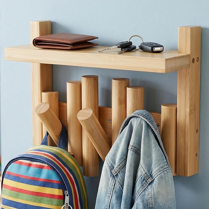 Bamboo Wall Mounted Coat Rack with Shelf Flip Down Wooden Hooks for Entryway Hallway Bedroom | Natural Piano Hanger, 3 Hooks, Space Saving Organizer