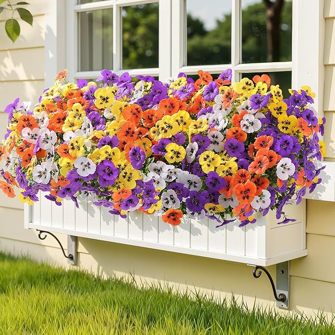 Alupssuc 24 Bundles Artificial Flowers for Outdoors, Fake Spring Flowers for Decoration, UV Resistant Realistic Pansies with Eucalyptus Silk Faux Flowers for Porch Yard, Purple Yellow White Orange