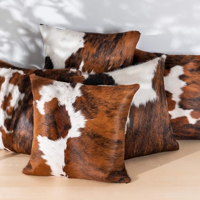 ecowhides 100% Genuine Brazilian Cowhide Pillow Cover – Tricolor, Brown, Black & White – Double-Sided – Luxury Leather Decorative Cushion for Rustic & Western Home Décor – 15” x 15”