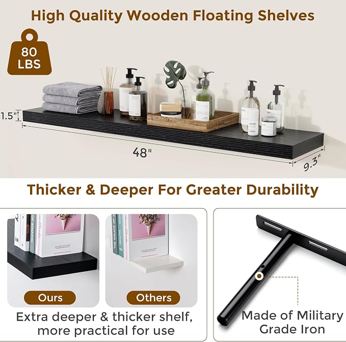 48 inch Floating Shelves, Black Extra Long Floating Shelves with Invisible Brackets, 9.3in Deep Wooden Shelf for Living Room, Bathroom, Kitchen, Office, Floating TV Stand, 2 Packs