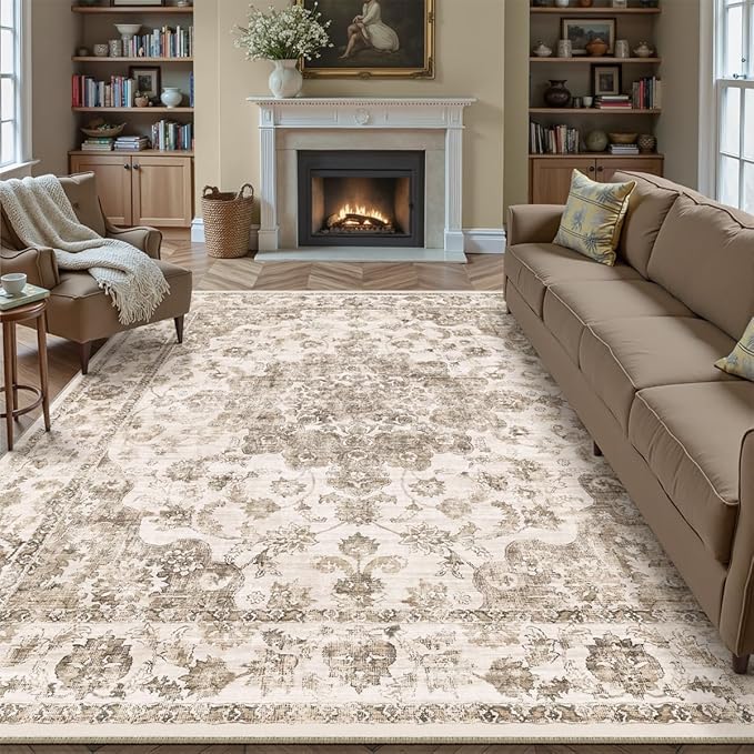 9x12 Neutral Area Rug Brown Vintage Living Room Bedroom Washable Carpet Non-Slip Soft Low Pile Farmhouse Indoor Large Throw Rug for Dining Room Office