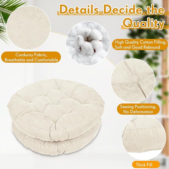 Jerify 2 Pcs Floor Pillow Cushions Large Round Square Large Meditation Floor Pillow for Classroom Adult Meditation Picnic Party Seating Learning Daycare School (Round,Beige)