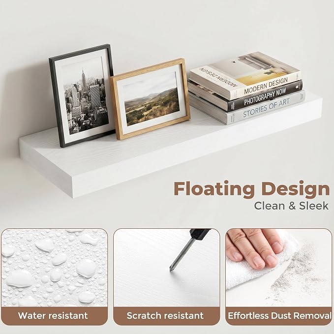 Venusmiles Floating Shelves for Wall, 20 Inch Floating Shelves Set of 2, 6.5" D Wooden Wall Mounted Display Shelves with Invisible Brackets for Living Room, Bedroom, Bathroom, Kitchen Decor, White