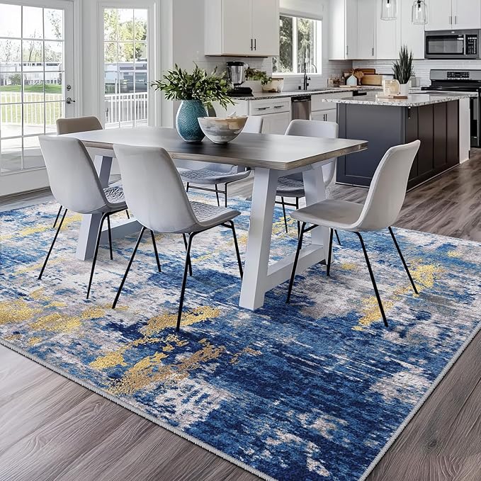 RELEANY Washable Area Rugs 6'x9' Non-Slip Modern Abstract Soft for Living Room Entryway Bedroom Nursery, Print Pattern, Grey Blue Gold/Golden