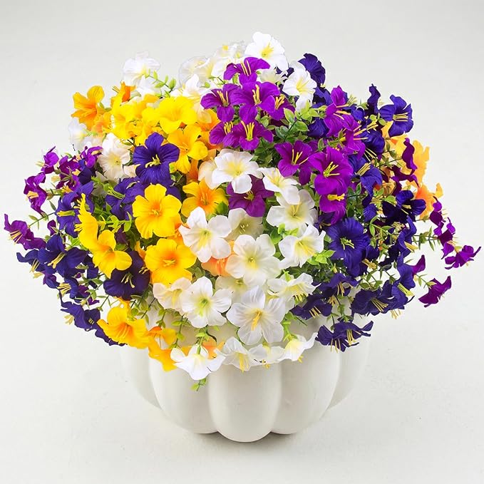 32 Pcs Faux Petunias Artificial Flowers For Outdoors, UV Resistant Fake Petunias Plants Realistic Silk Flowers for Porch Front Door Garden Window Outside Decor (32, White,Yellow,Purple,RedViolet)