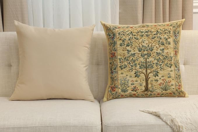 Charlotte Home Furnishings Inc Tapestry Tree of Life Throw Pillow Covers 18x18, European 100% Cotton Jacquard Woven Fabric, Boho & Vintage Inspired Decorative Cushion for Living Room and Sofa