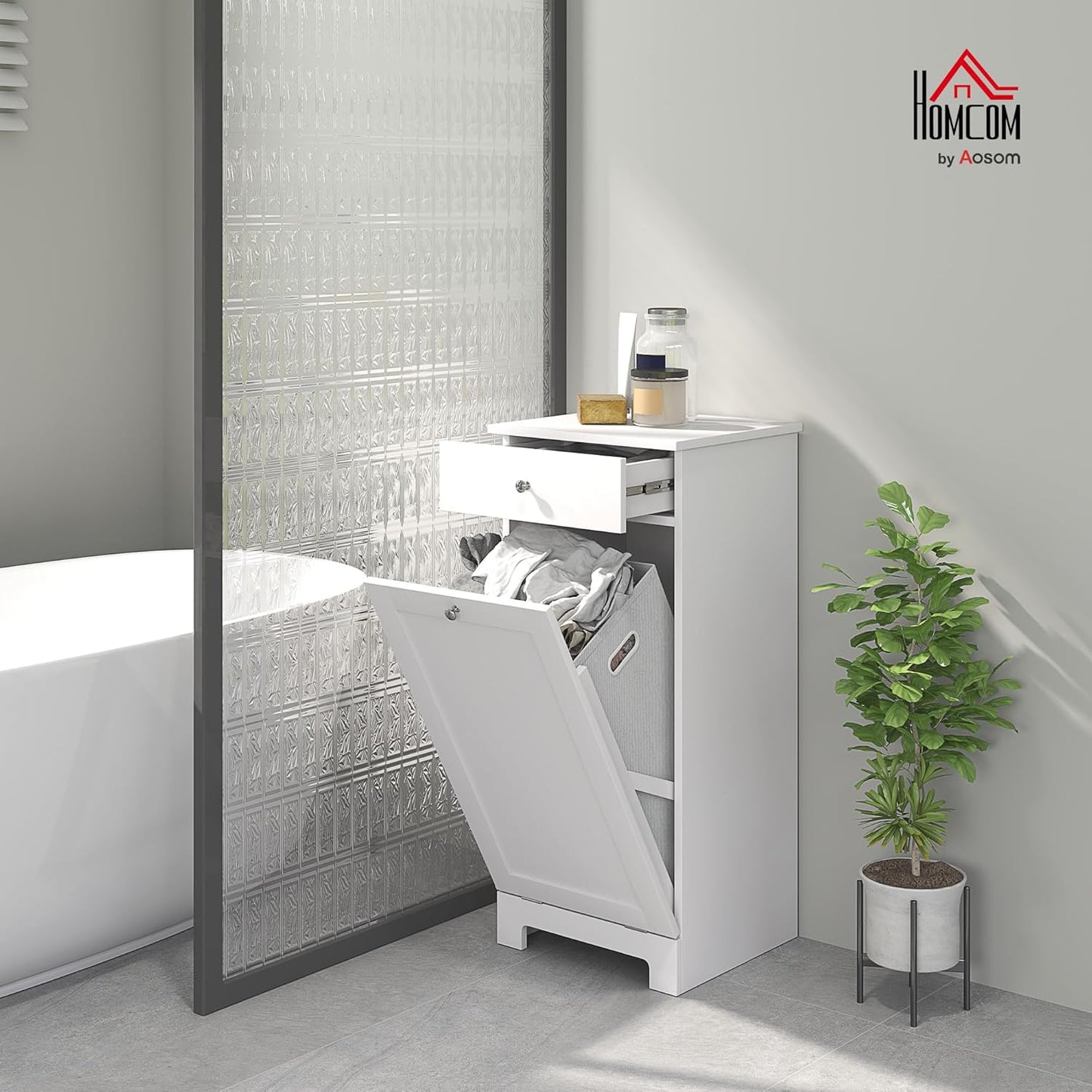 HOMCOM Laundry Hamper with Removable Basket, Tilt Out Hamper with Drawer and Beadboard Door, Bathroom Storage Cabinet, White