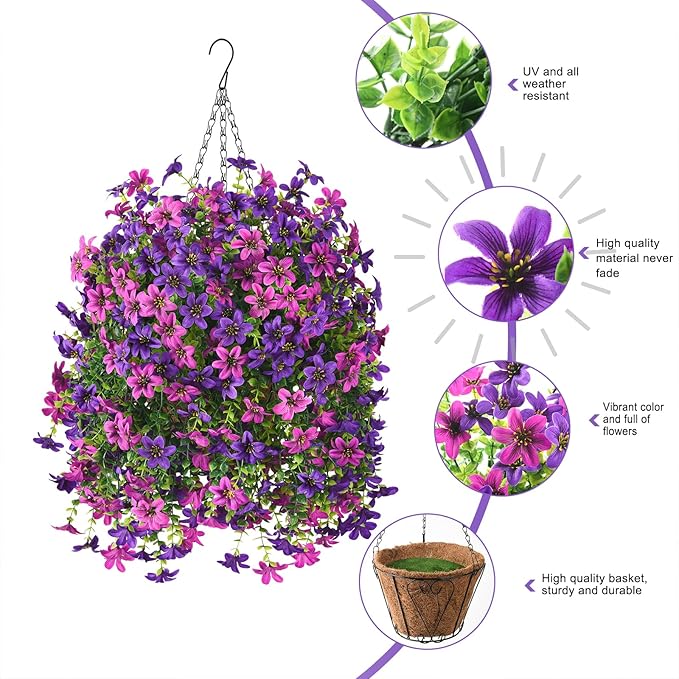 Artificial Hanging Baskets Outdoor, 4 Bundles Artificial Hanging Flowers Outdoors Spring Summer Decoration, No Fade Realistic Fake Hanging Baskets for Porch Patio Balcony Home Yard Decor