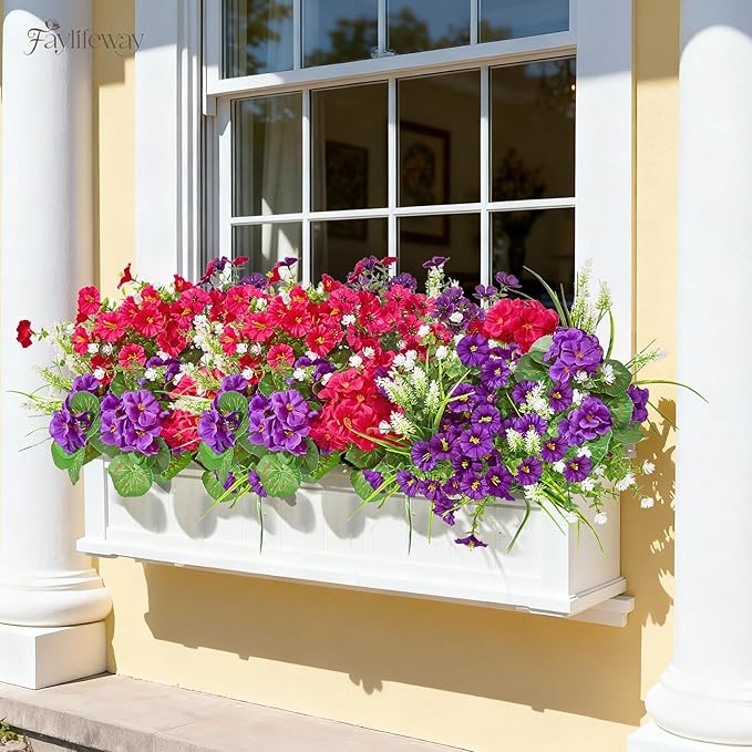 16 Bundles Artificial Flowers for Outdoors, UV Resistant Silk Faux Flowers for Outside Planters,Garden,Porch,Patio,Yard,Home Decor(Purple&Hot Pink)
